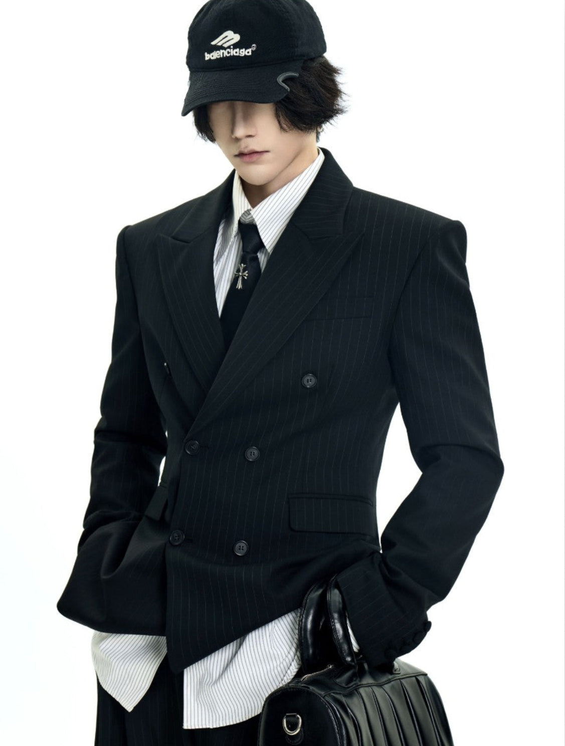 BAD HABITS black pinstripe padded-shoulder slim blazer, additional product photograph 6 | OFFCULTURE®