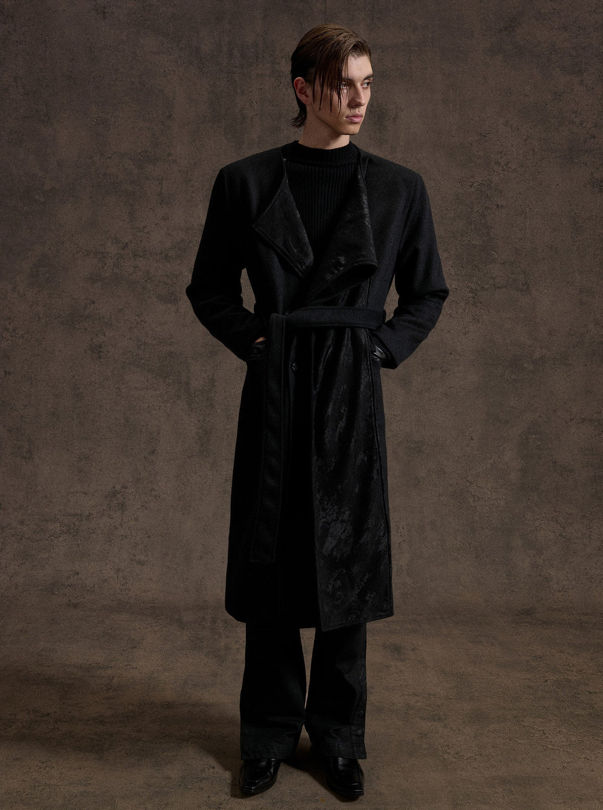 ARCADIA black long double-breasted coat with jacquard lapel panels, additional product photograph 4 | OFFCULTURE®