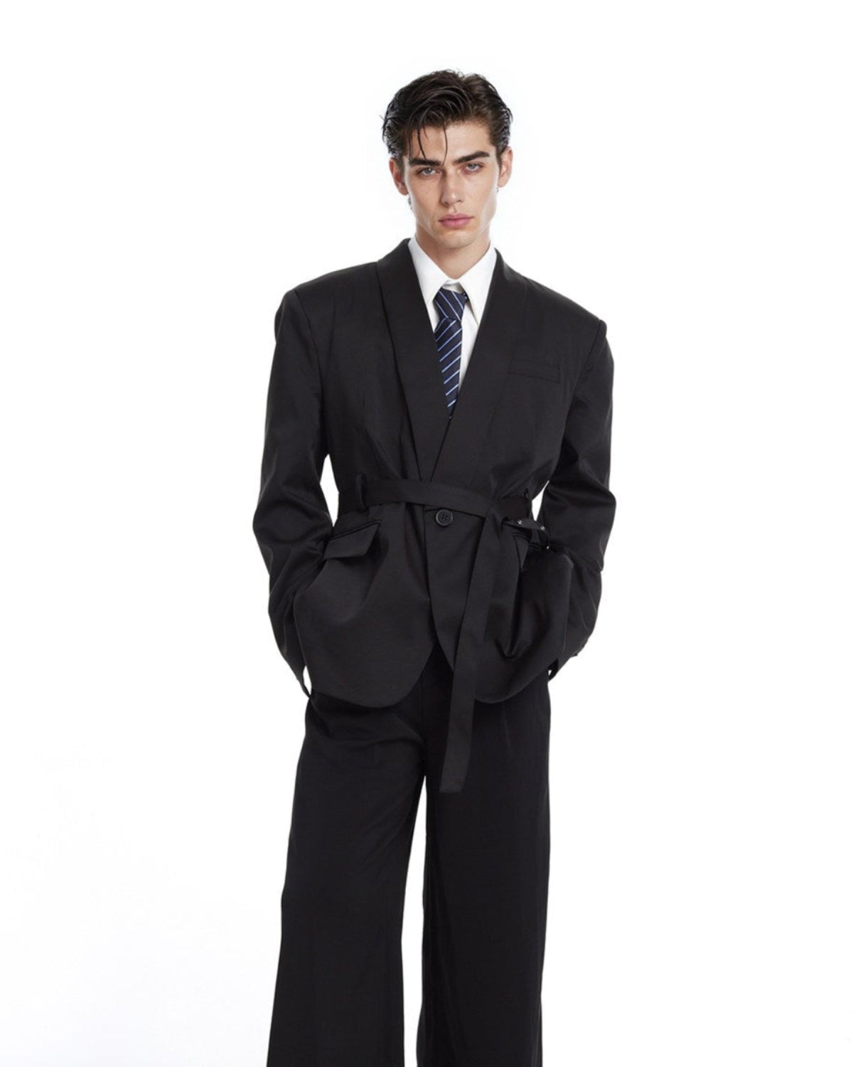 PRIVATE VIEW relaxed black belted shawl-collar tailored blazer, additional product photograph 4 | OFFCULTURE®