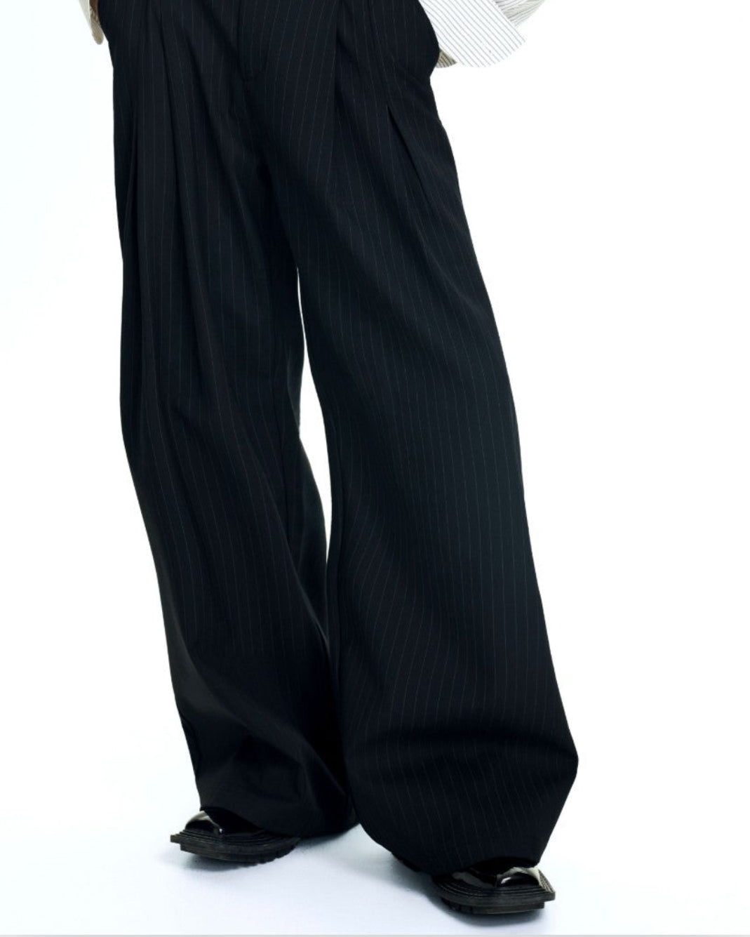 BAD HABITS black pinstripe high-rise wide-leg tailored trousers by OFFCULTURE