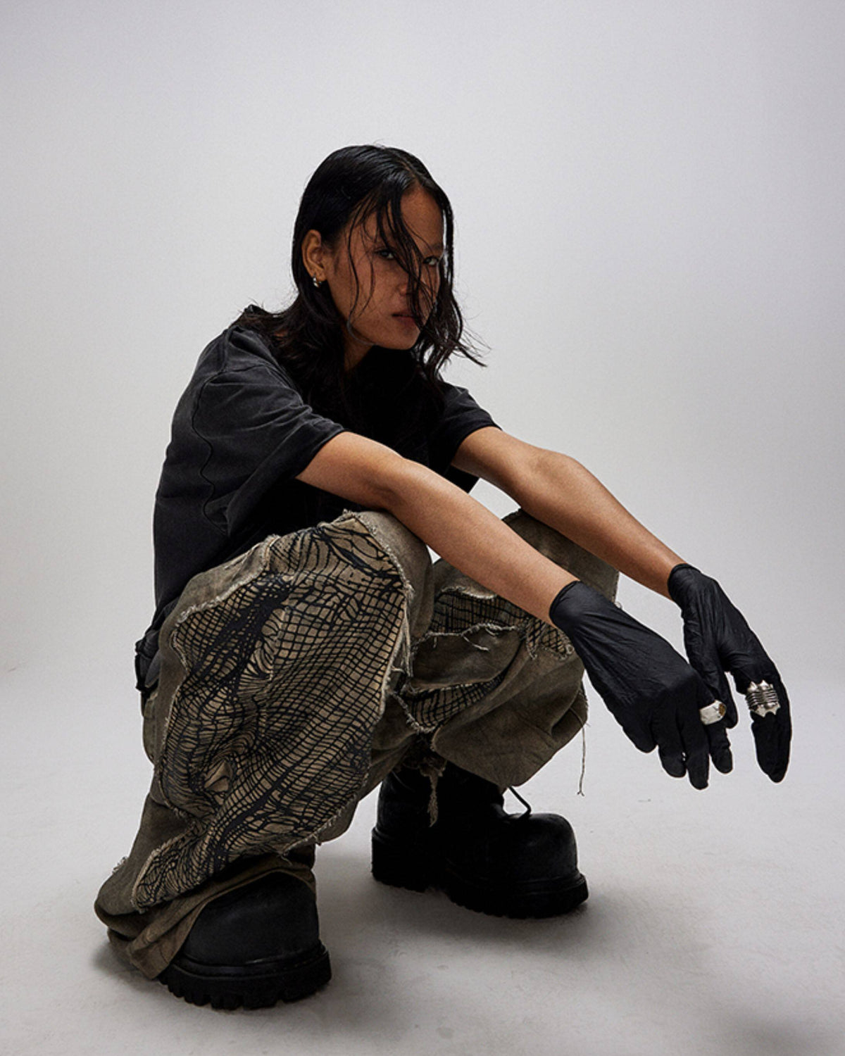 DUST THEORY mud-washed deconstructed curved-leg pants with mesh panels, additional product photograph 6 | OFFCULTURE®