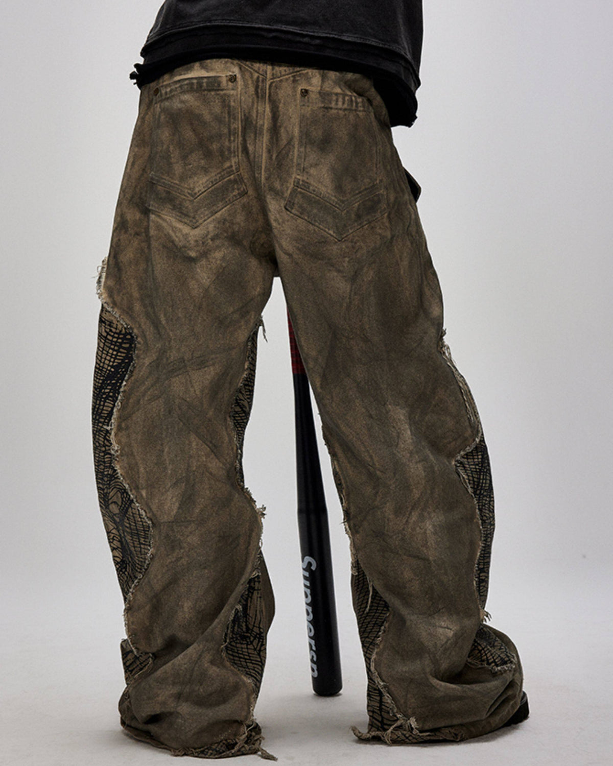DUST THEORY mud-washed deconstructed curved-leg pants with mesh panels, additional product photograph 7 | OFFCULTURE®