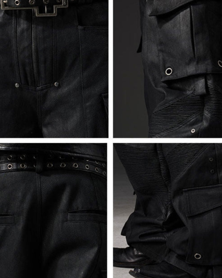 WAXED MULTI-POCKET BIKER CARGO JEANS