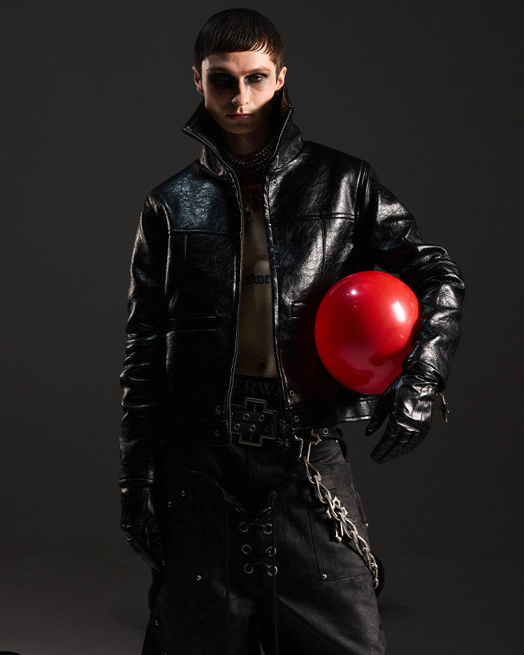 CRACKED LEATHER CROPPED BIKER JACKET