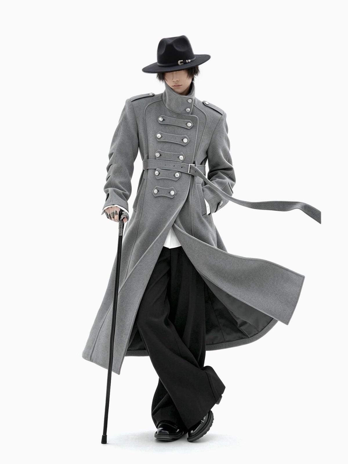 COLD BLOOD grey structured long wool-blend coat with military detailing, additional product photograph 3 | OFFCULTURE®