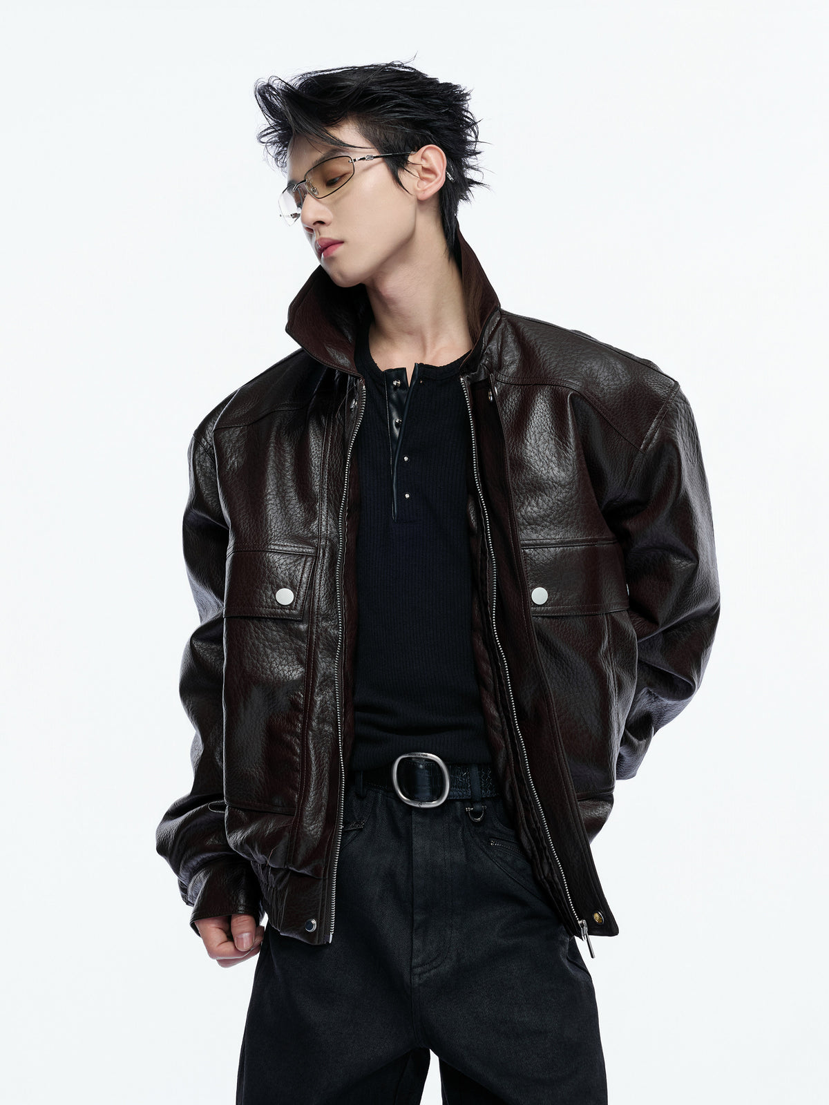 NVRHOME oversized grained black faux-leather jacket with flap pockets, additional product photograph 2 | OFFCULTURE®