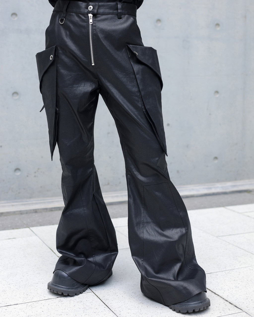 WAXED LEATHER CARGO FLARE PANTS