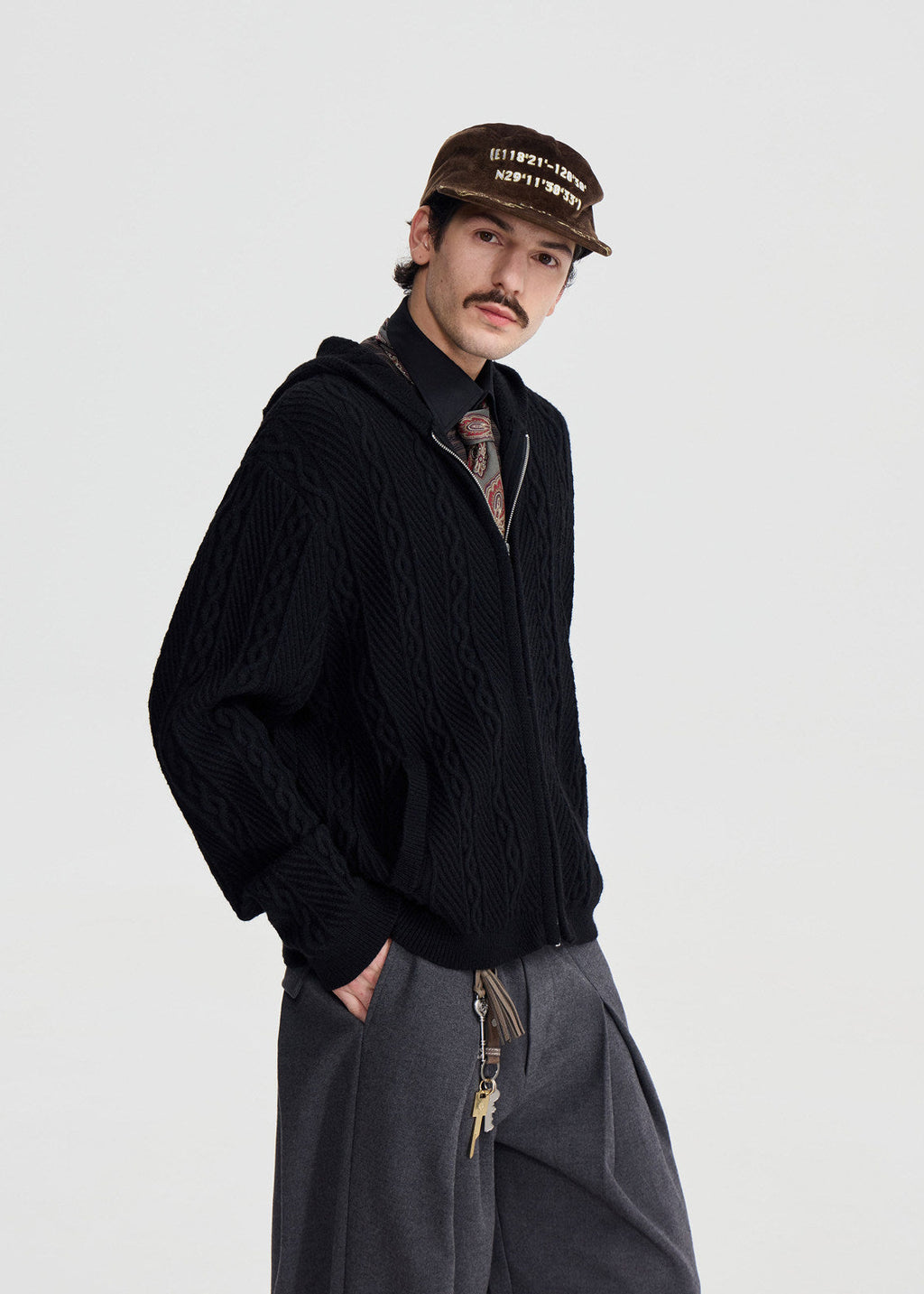 SCRIPT-X CABLE ZIP HOOD SWEATER