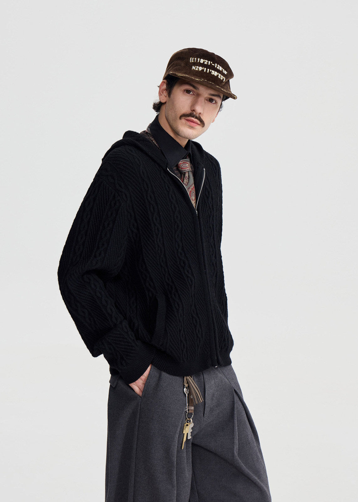 SCRIPT-X CABLE ZIP HOOD SWEATER