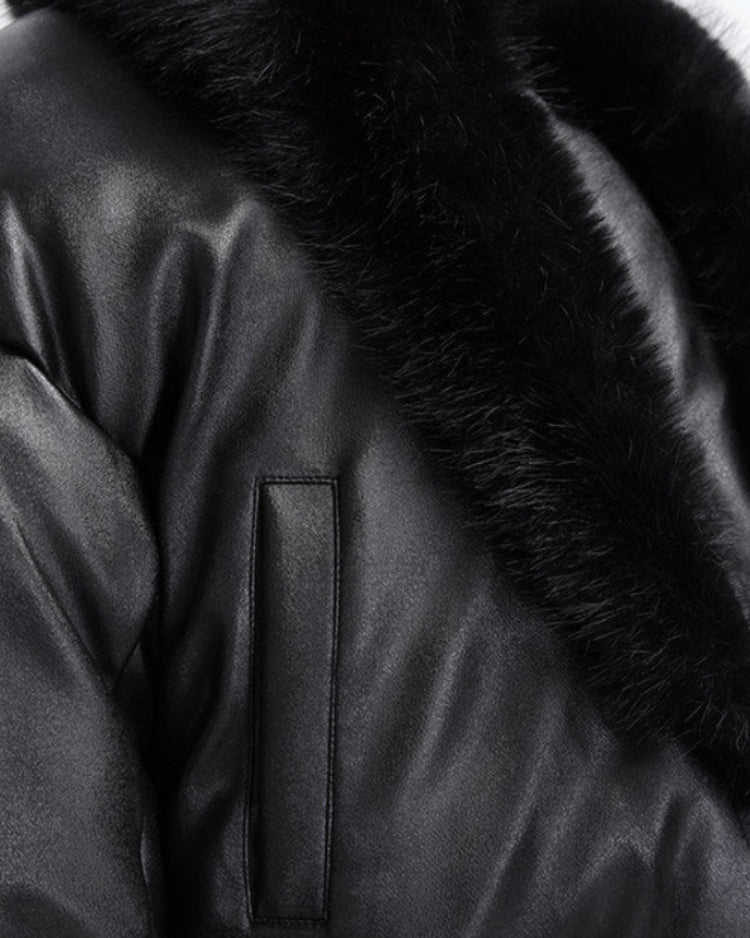 OFF/SC FUR COLLAR CROPPED LEATHER PUFFER JACKET