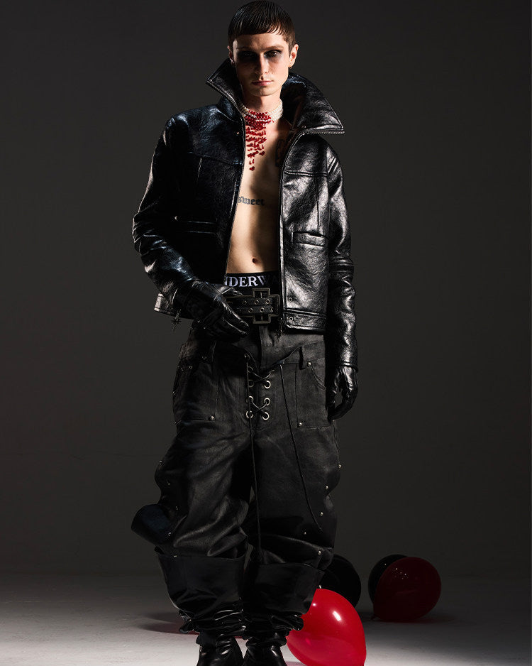 CRACKED LEATHER CROPPED BIKER JACKET