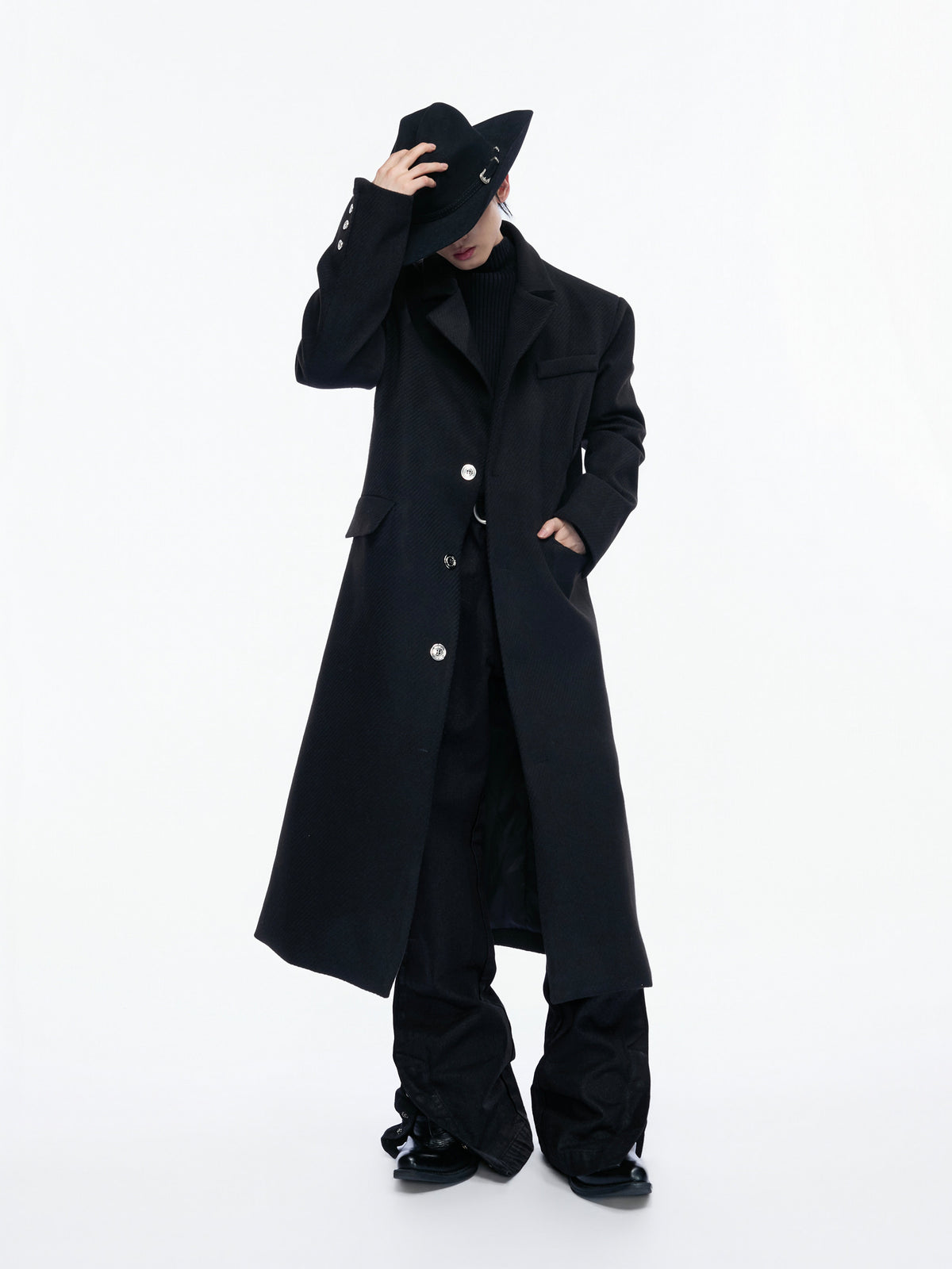 HALCYON black layered mock-neck long cotton coat, additional product photograph 2 | OFFCULTURE®