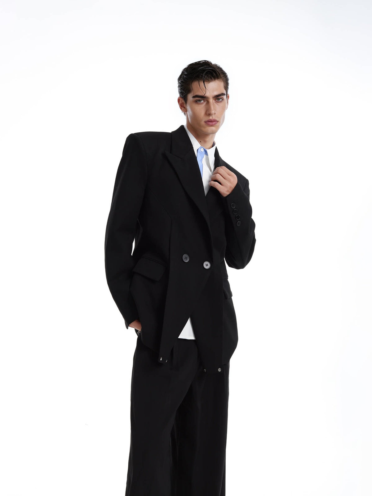 LOVELESS black waisted satin-finish blazer with shawl lapels