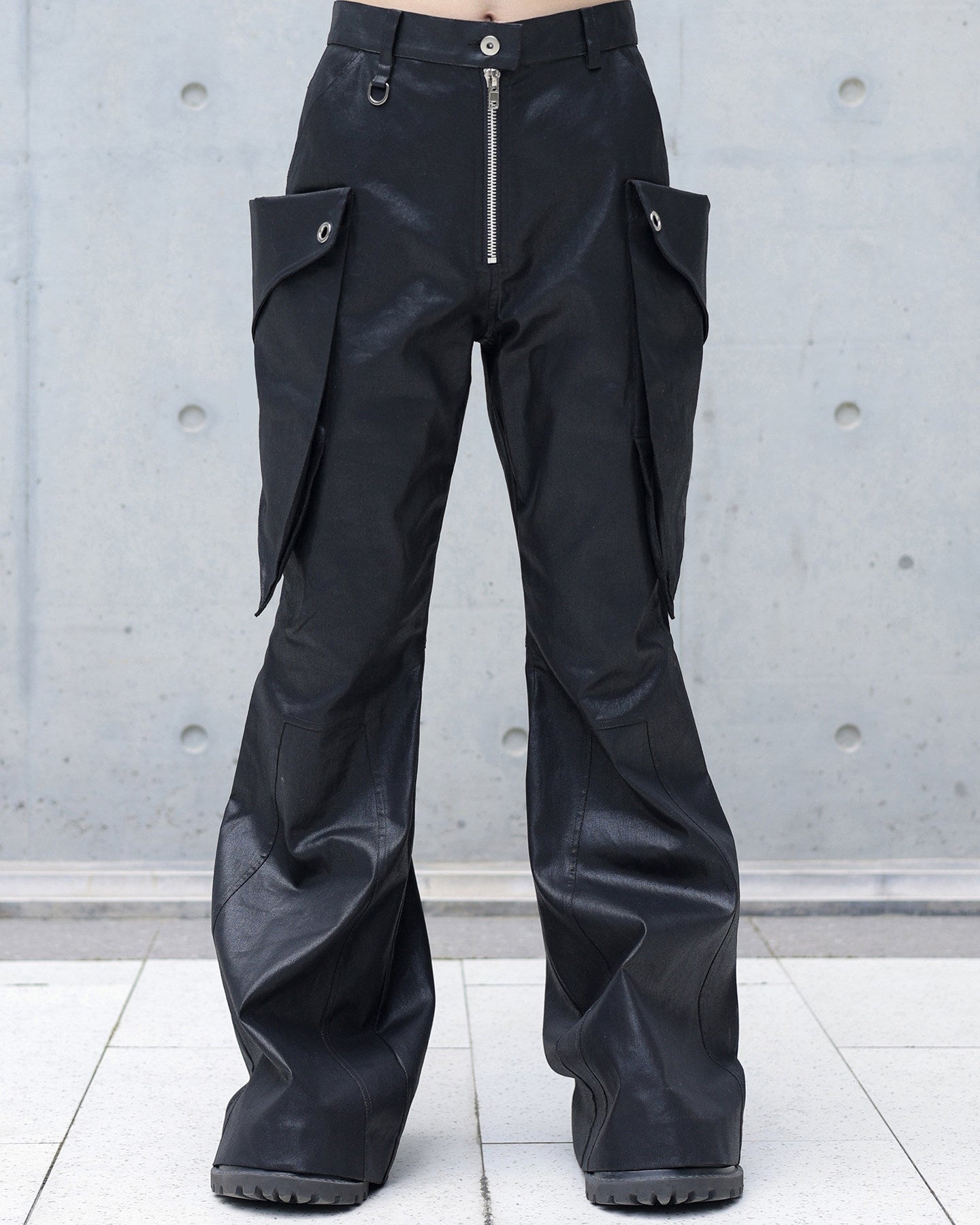 WAXED LEATHER CARGO FLARE PANTS