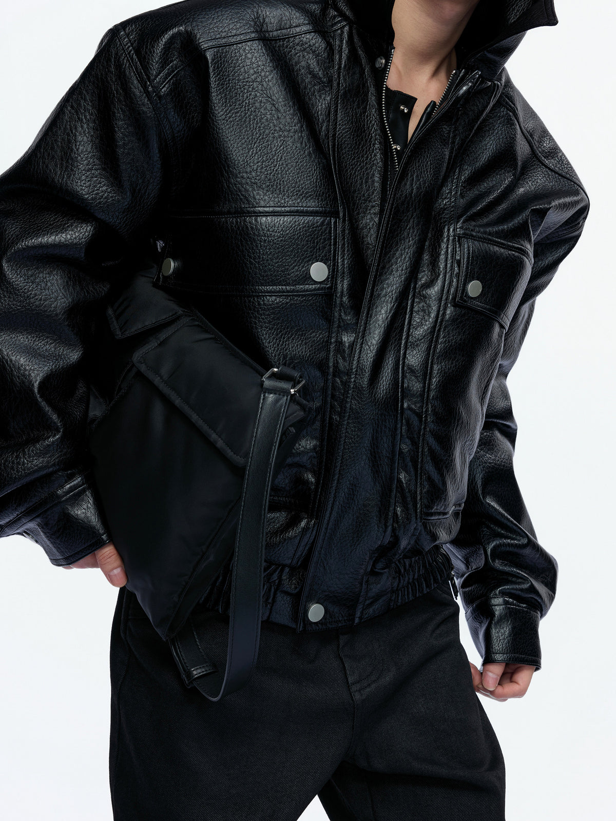 NVRHOME oversized grained black faux-leather jacket with flap pockets, additional product photograph 3 | OFFCULTURE®