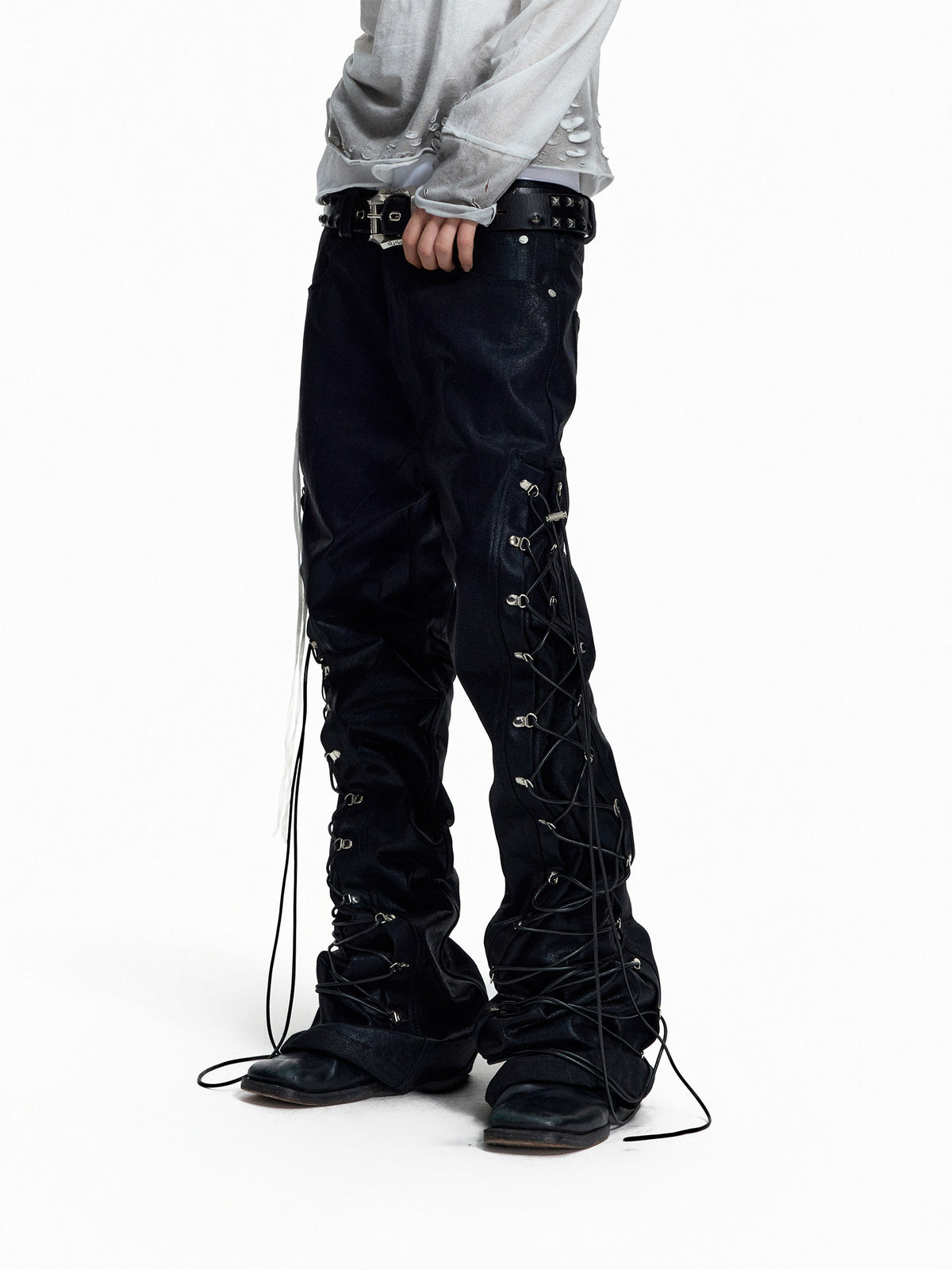 NVRSETTLE coated lace-up flared denim pants