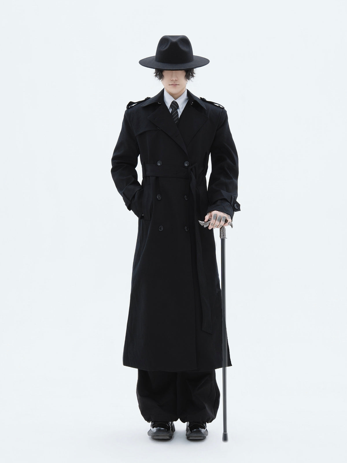 NVRLOOKBACK long oversized black belted trench coat, additional product photograph 2 | OFFCULTURE®