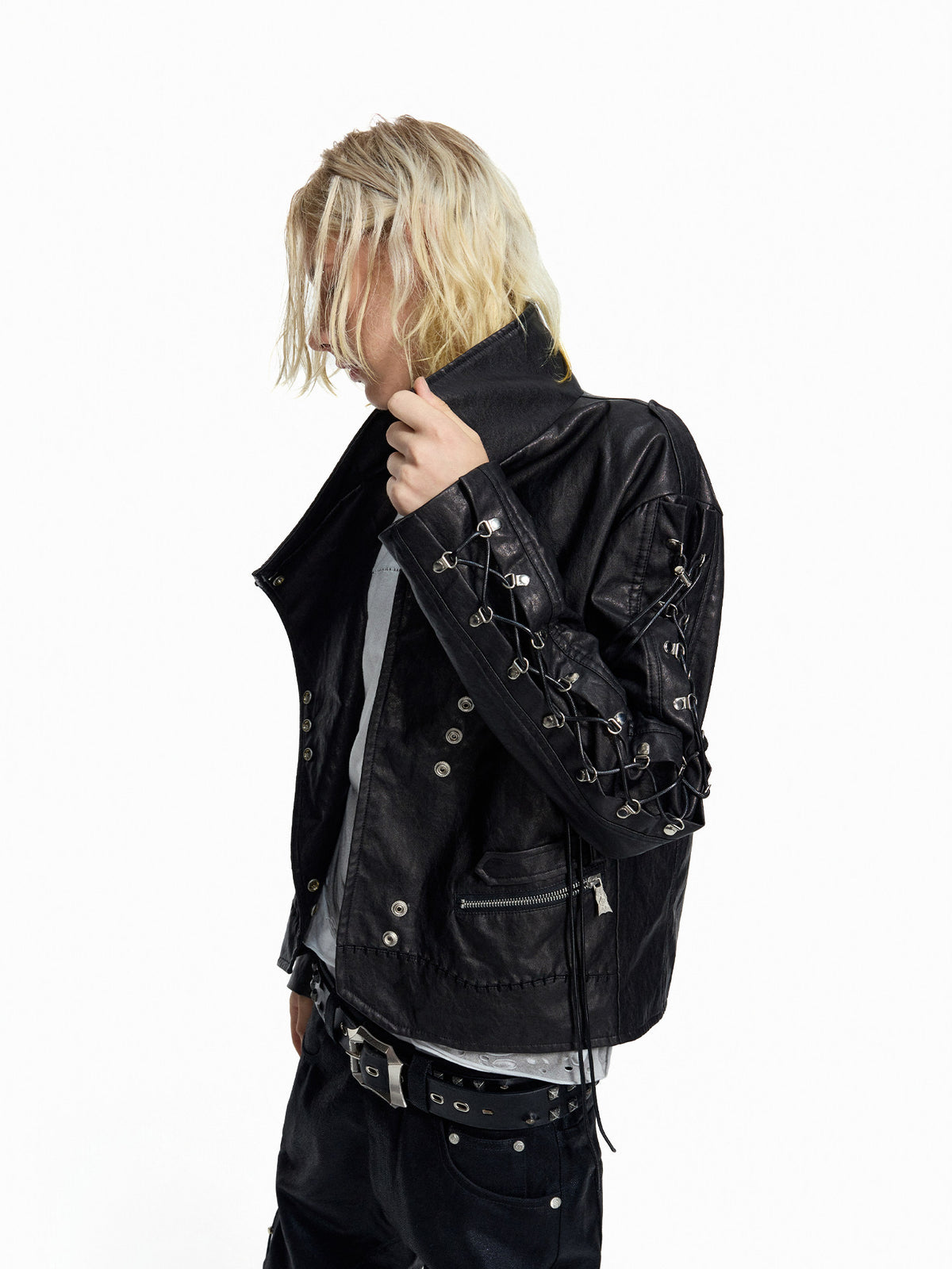 SLOW DAMAGE asymmetric coated biker jacket