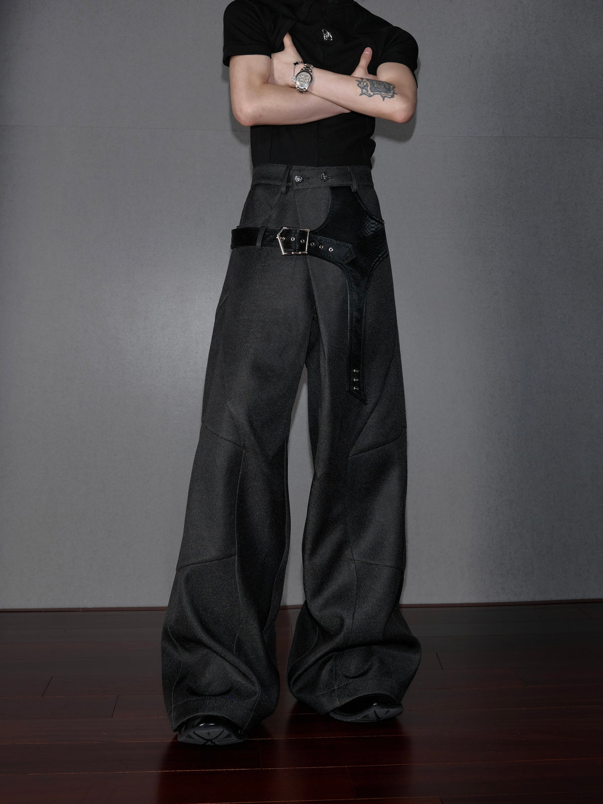 VANTAGE black croc-panelled straight-leg tailored trousers