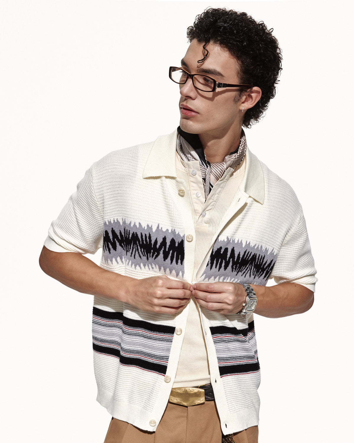 SCRIPT-X WOOL WAFFLE POLO CARDIGAN