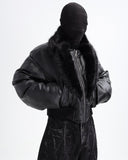 OFF/SC FUR COLLAR CROPPED LEATHER PUFFER JACKET