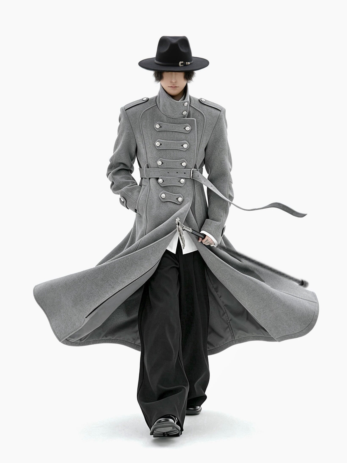 COLD BLOOD grey structured long wool-blend coat with military detailing