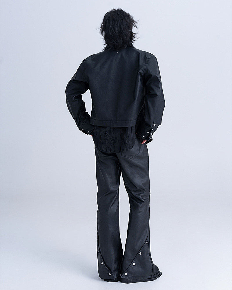 WAXED DARK FLARE TROUSERS