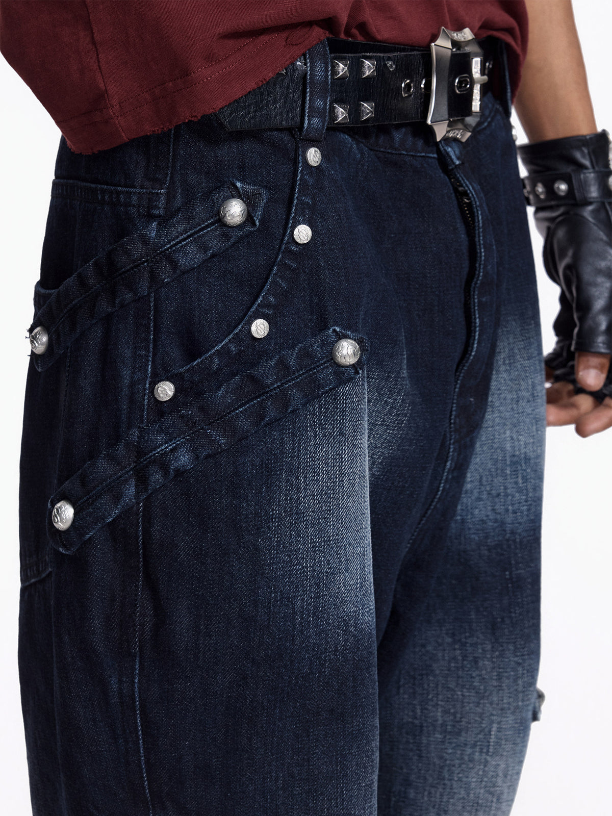 NVRTOUCH washed-black denim jeans with buttoned sides and wide flared legs, additional product photograph 4 | OFFCULTURE®