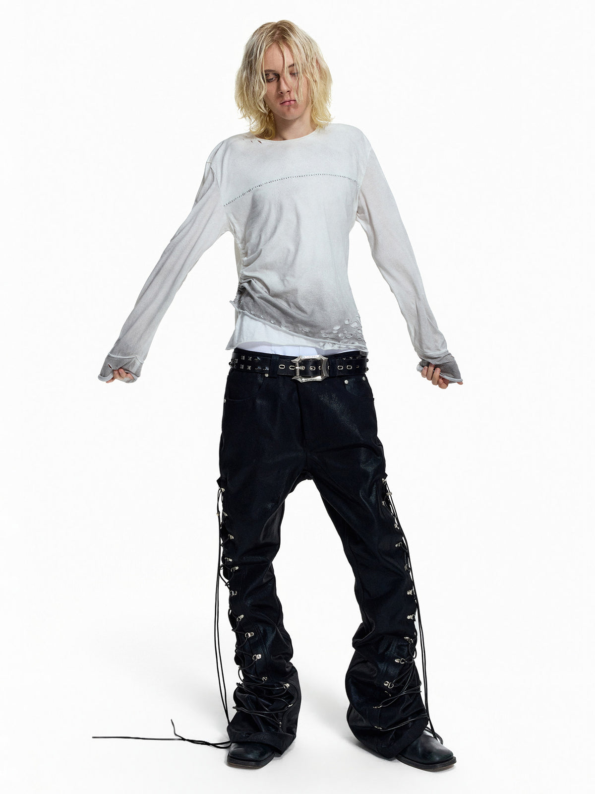 NVRSETTLE coated lace-up flared denim pants