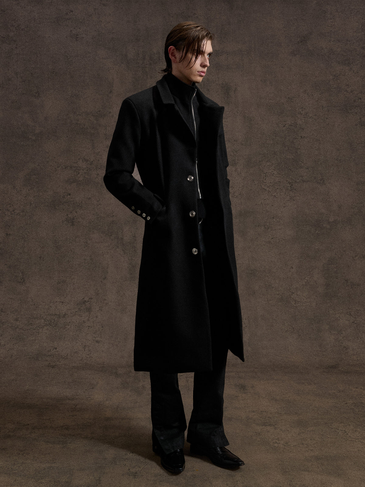 HALCYON black layered mock-neck long cotton coat