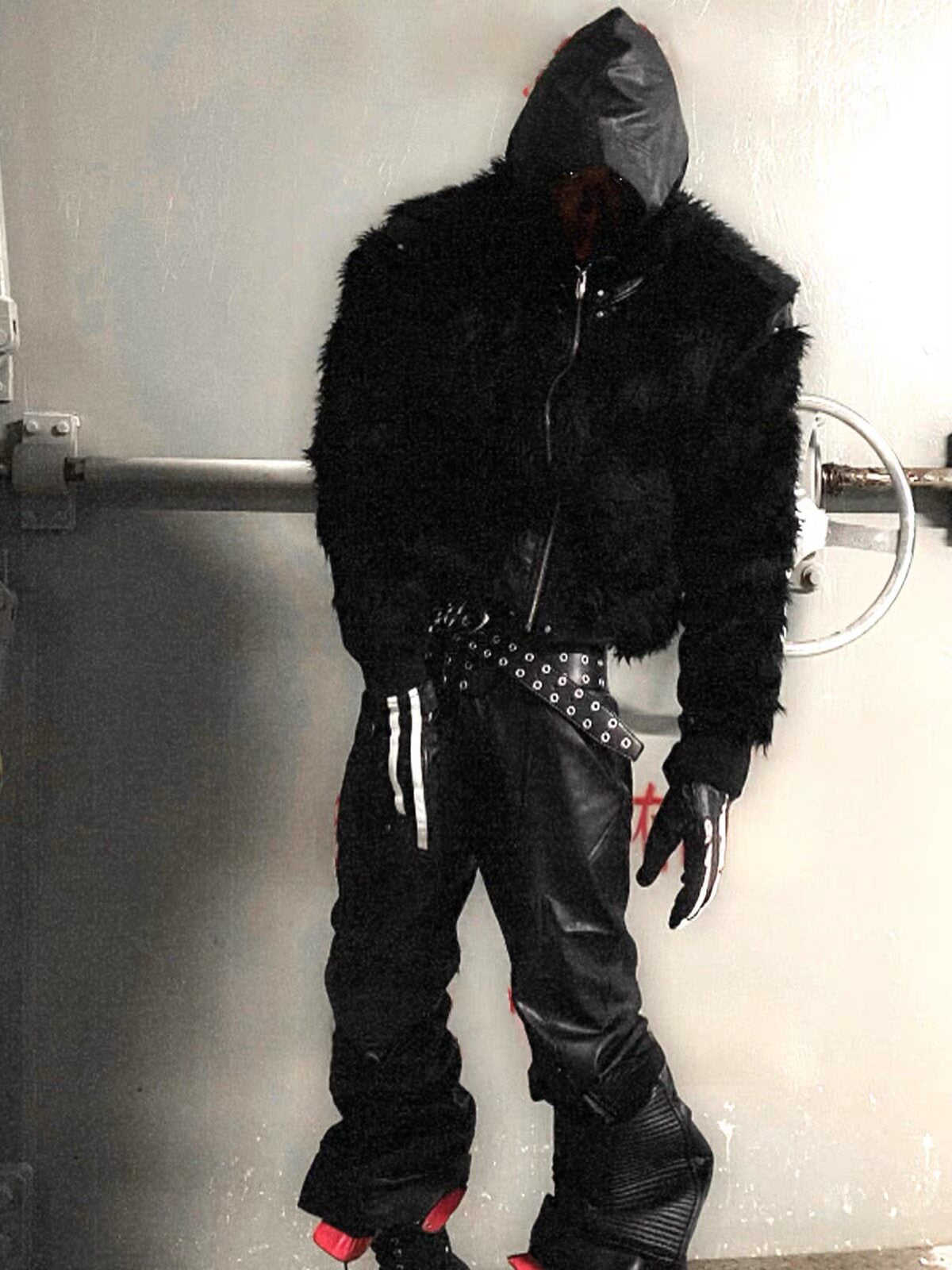 Black Shaggy Faux Fur Patchwork Biker Coat | OFFCULTURE