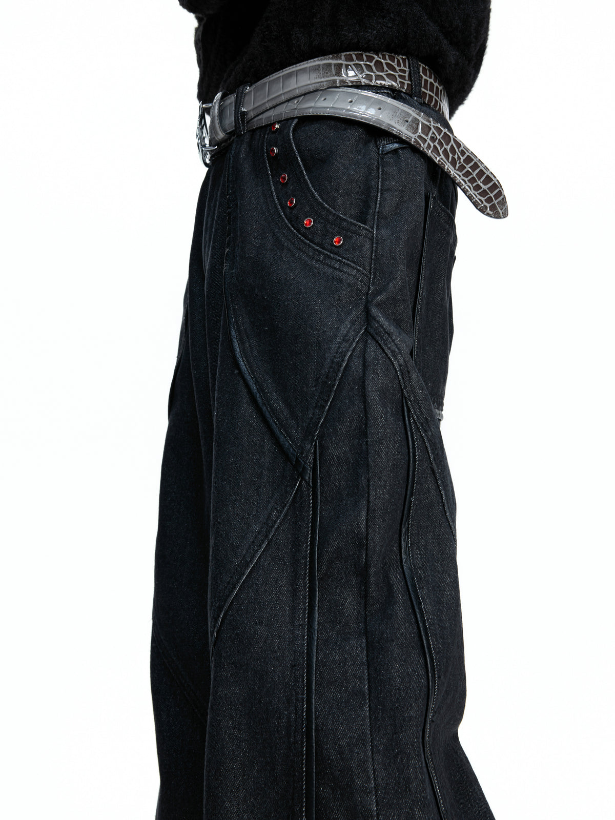 RED STATIC black washed flared denim jeans with red rhinestone accents, additional product photograph 3 | OFFCULTURE®