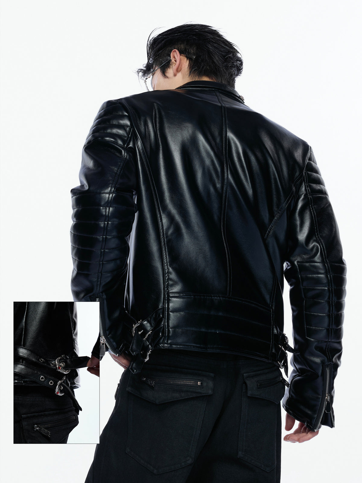 NVRSAINT cropped black asymmetric faux-leather biker jacket, additional product photograph 2 | OFFCULTURE®