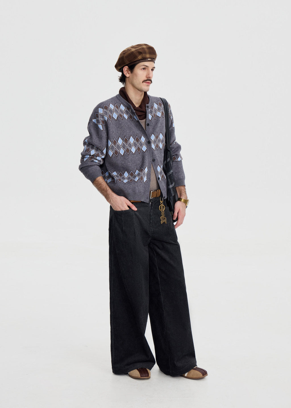 SCRIPT-X ARGYLE ZIP WOOL CARDIGAN