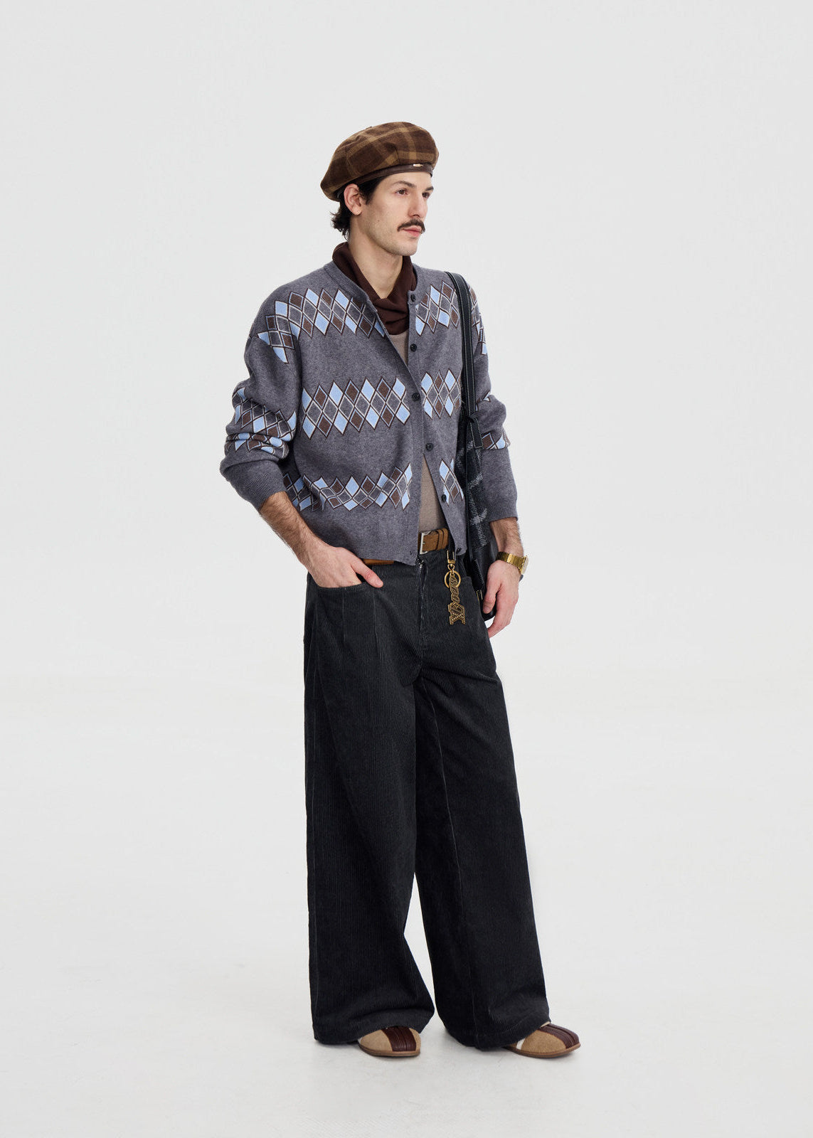 SCRIPT-X ARGYLE ZIP WOOL CARDIGAN