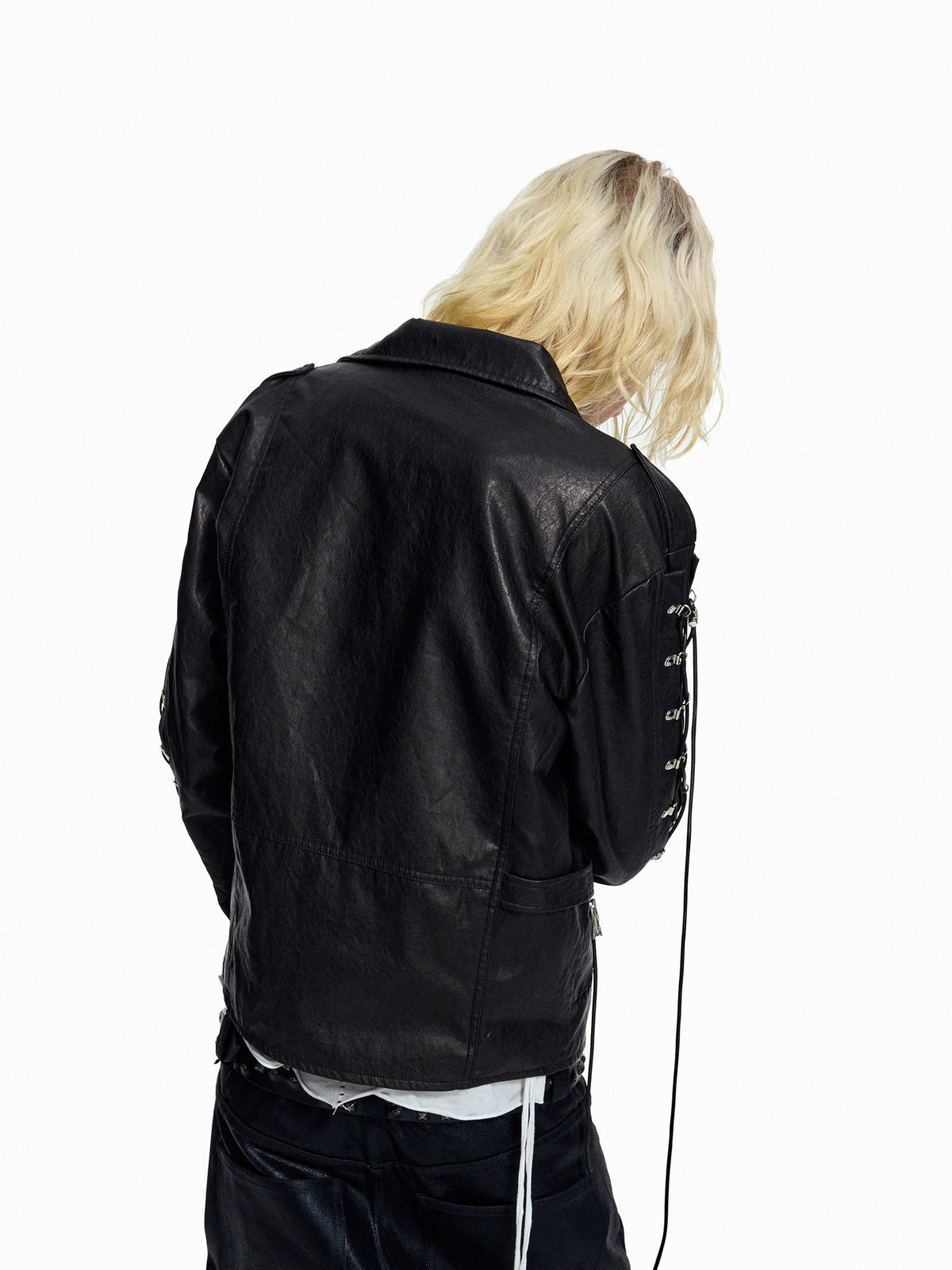 SLOW DAMAGE asymmetric coated biker jacket