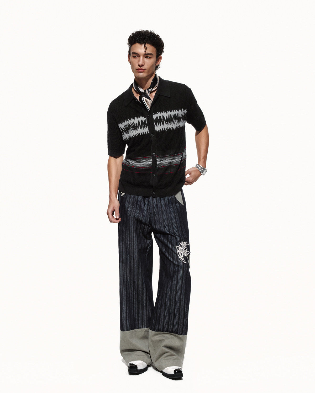 SCRIPT-X WOOL WAFFLE POLO CARDIGAN