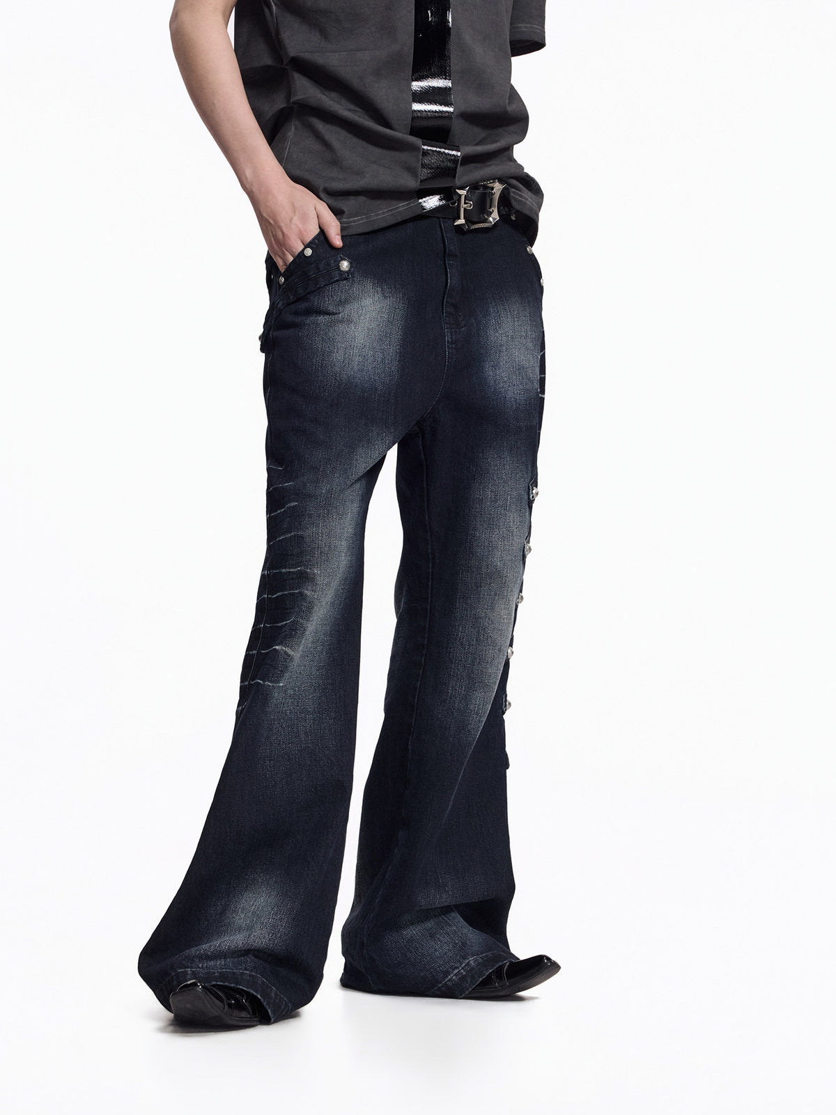 NVRTOUCH washed-black denim jeans with buttoned sides and wide flared legs, additional product photograph 2 | OFFCULTURE®