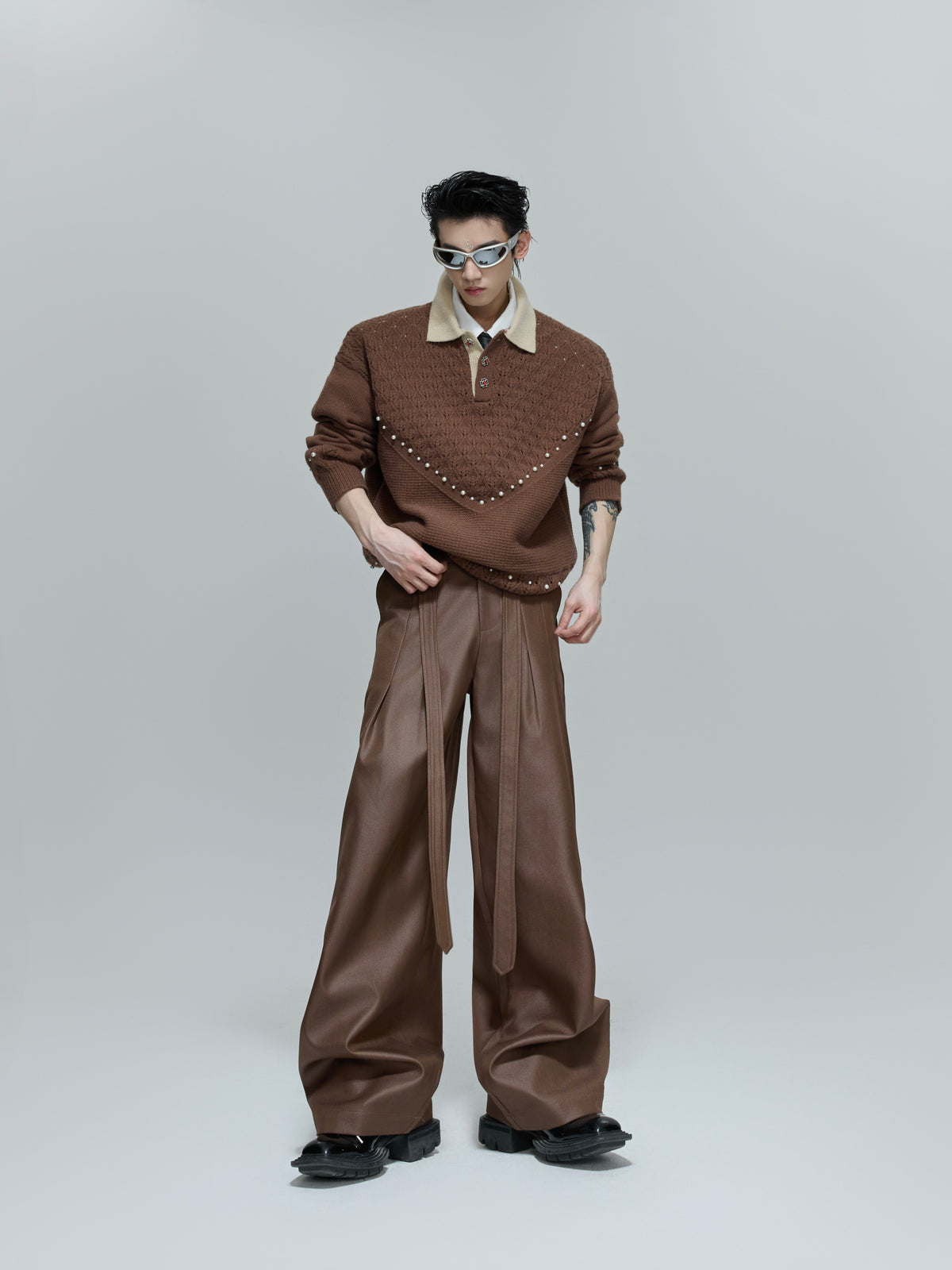 VESPER pleated high-waisted wide straight-leg trousers with waist tie, additional product photograph 6 | OFFCULTURE®