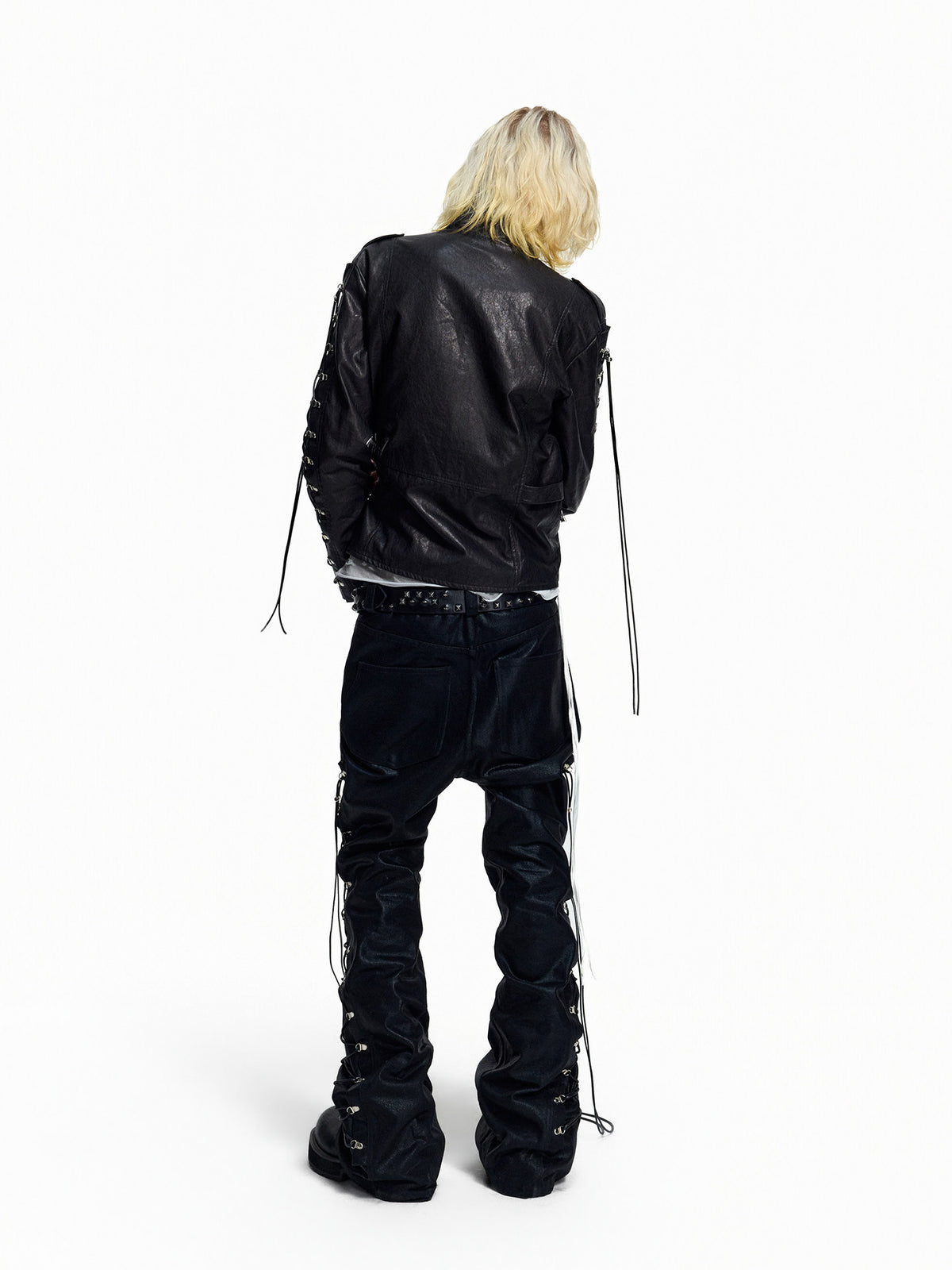 NVRSETTLE coated lace-up flared denim pants