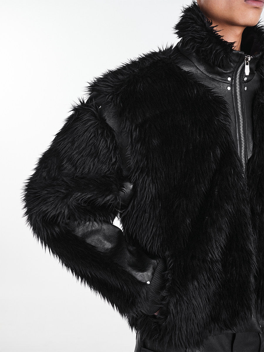OFF/SC SHAGGY FUR LEATHER PATCHWORK HIGH WAIST COAT