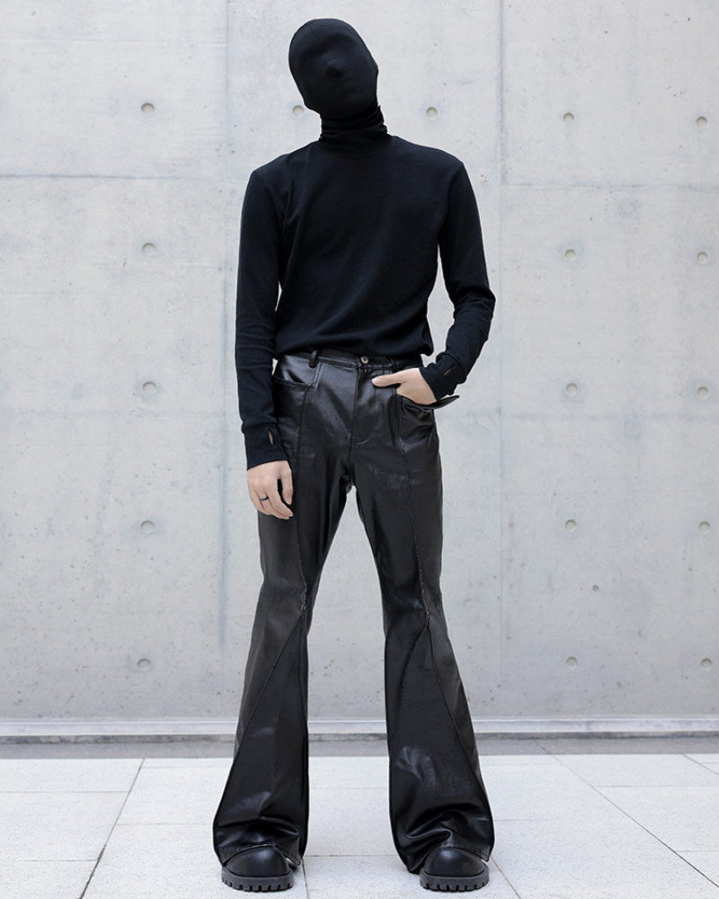 BLACK WAXED FLARE LEATHER PANTS