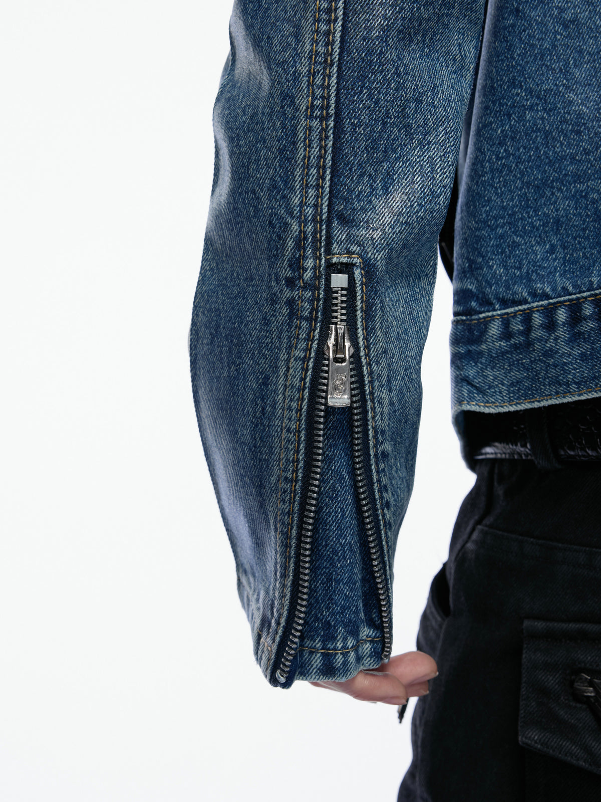 NVRFOUND faded-blue washed cropped denim jacket with stand collar, additional product photograph 3 | OFFCULTURE®