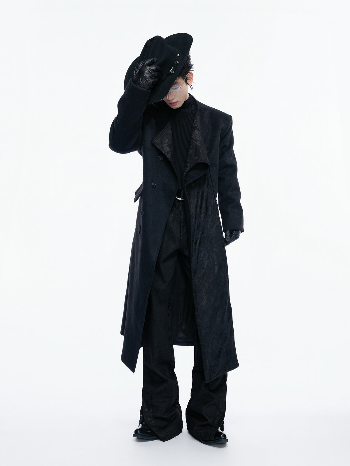 ARCADIA black long double-breasted coat with jacquard lapel panels, additional product photograph 2 | OFFCULTURE®