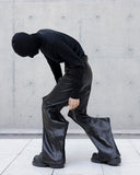 BLACK WAXED FLARE LEATHER PANTS