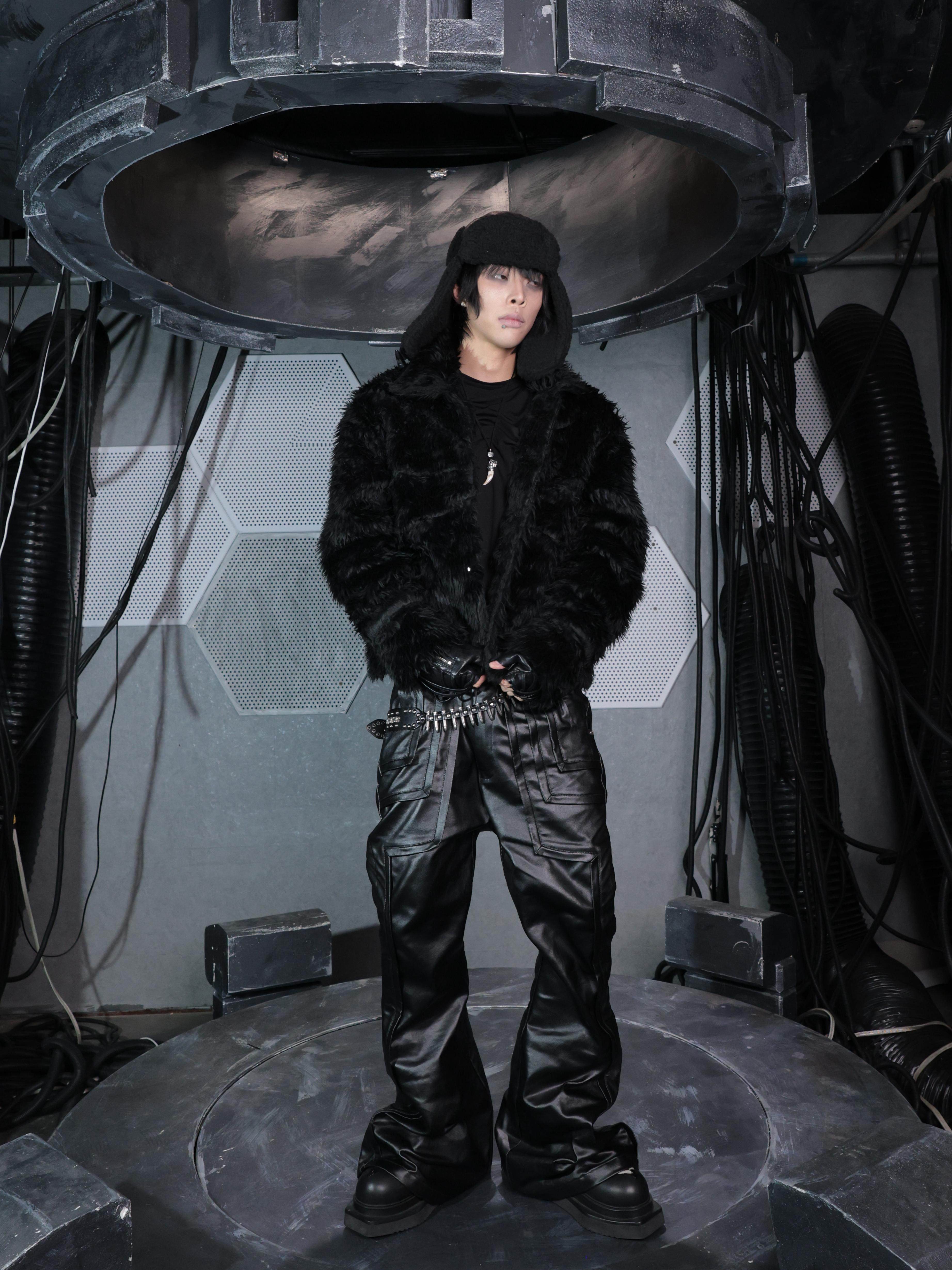 OFF/SC BLACK BEAR FAUX FUR BIKER JACKET