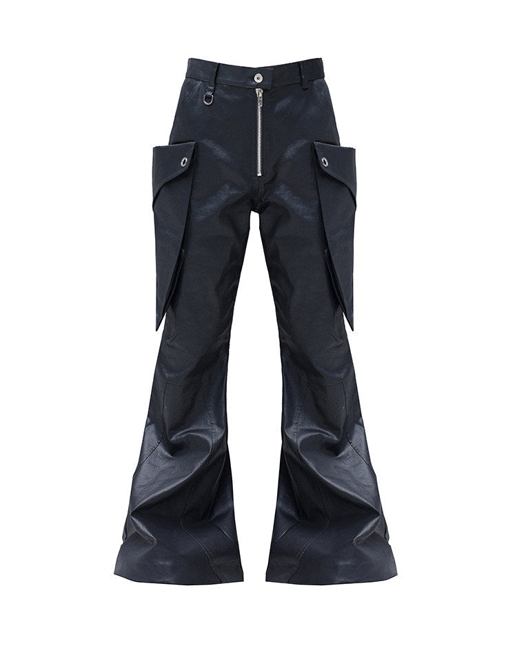 WAXED LEATHER CARGO FLARE PANTS