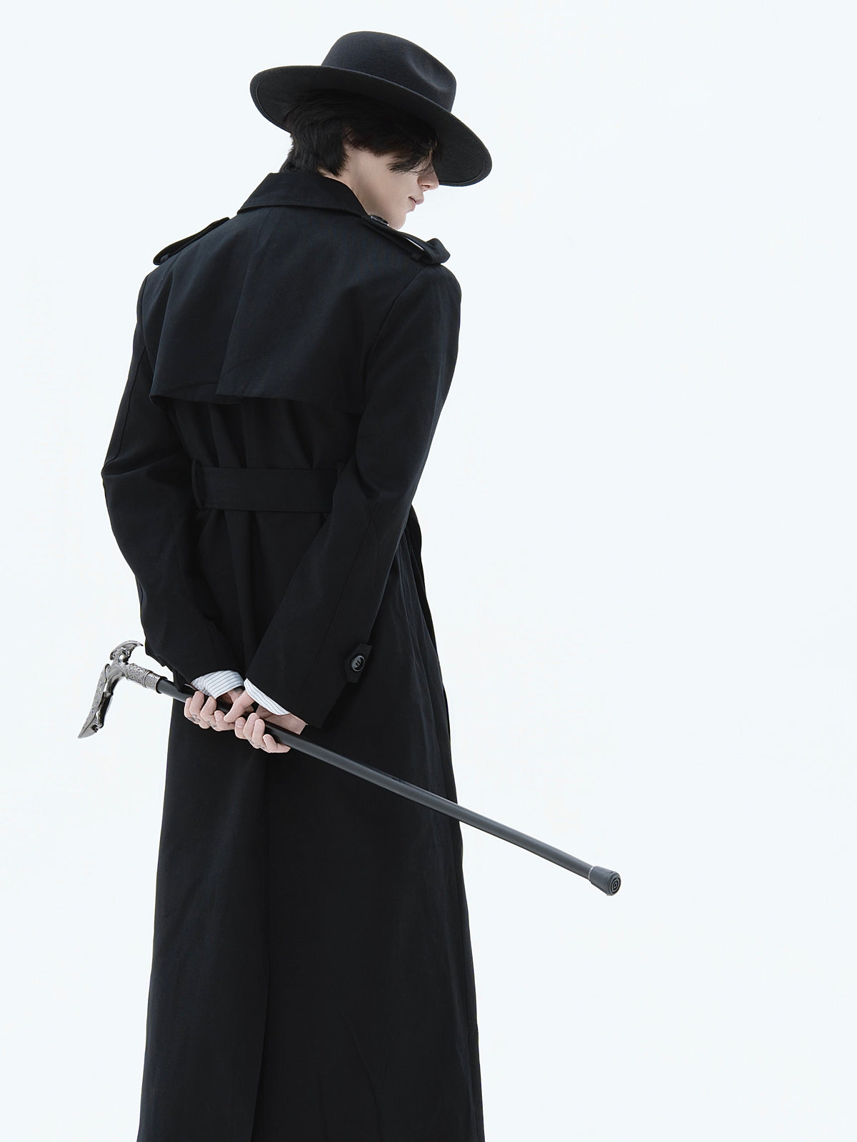 NVRLOOKBACK long oversized black belted trench coat, additional product photograph 3 | OFFCULTURE®