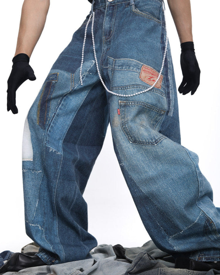 PATCH PRINT WIDE JEANS