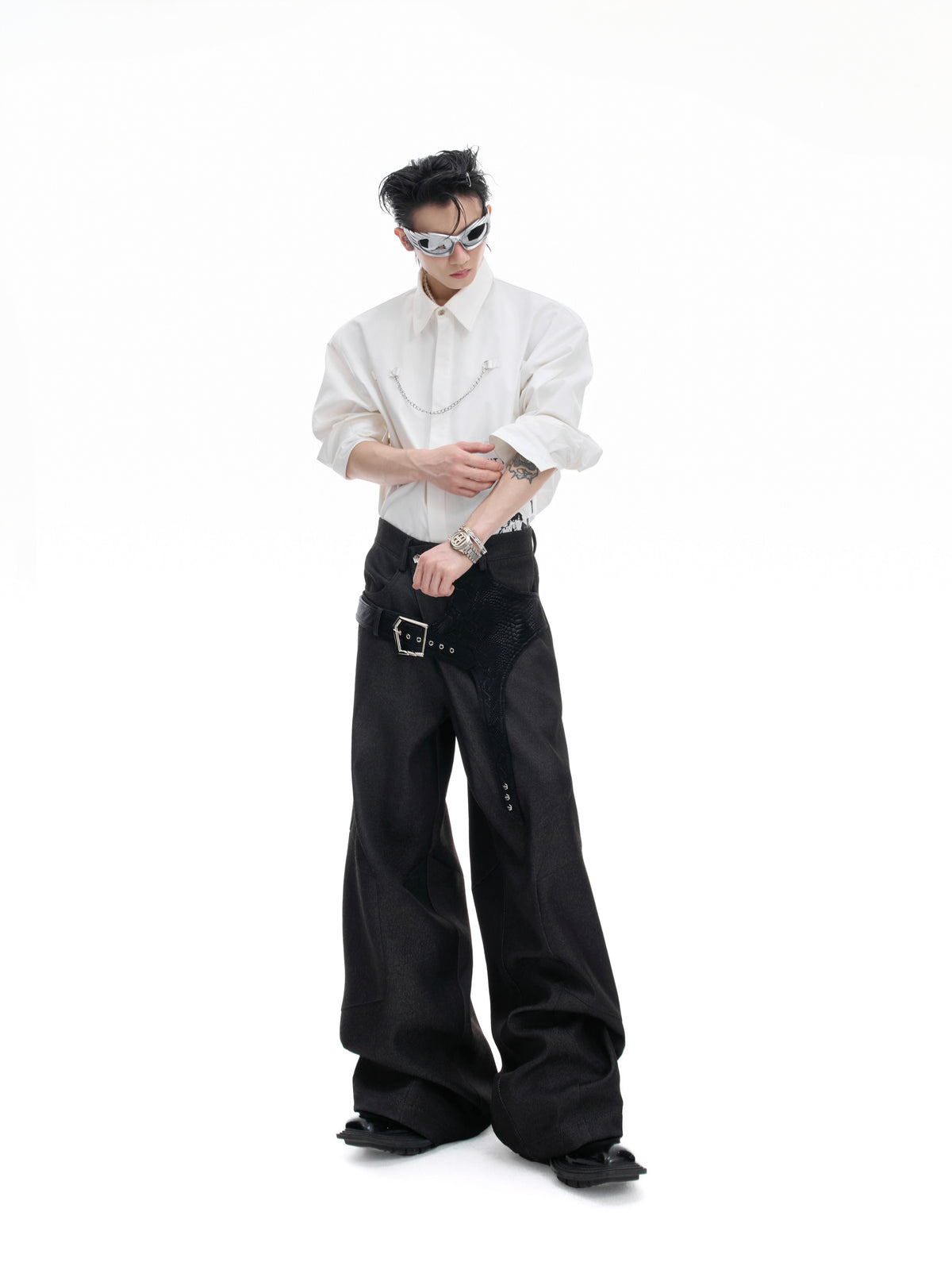 VANTAGE black croc-panelled straight-leg tailored trousers, additional product photograph 2 | OFFCULTURE®